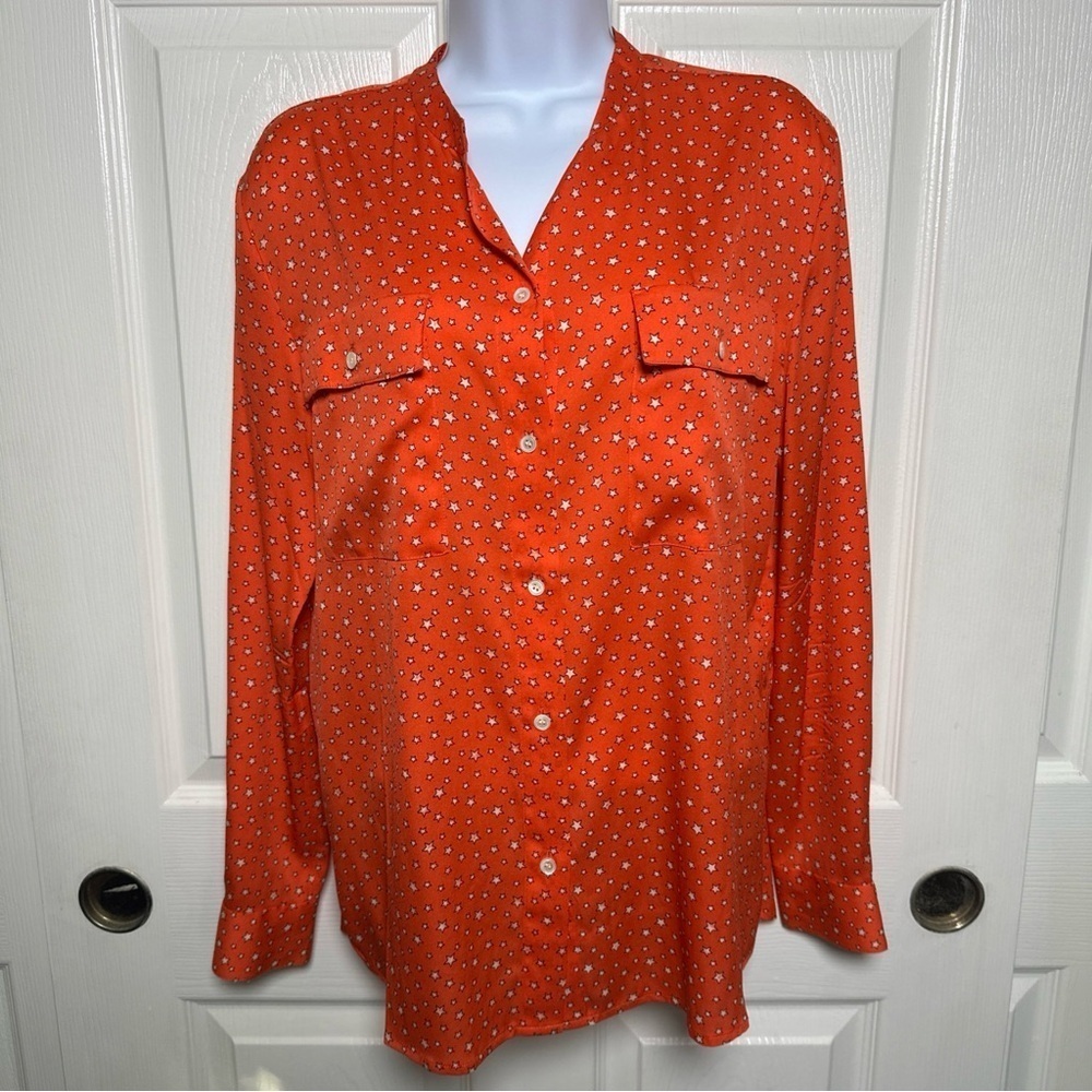 J. Crew Women’s Size 4 Star Pattern Button Down Shirt Silk Blend Orange Office